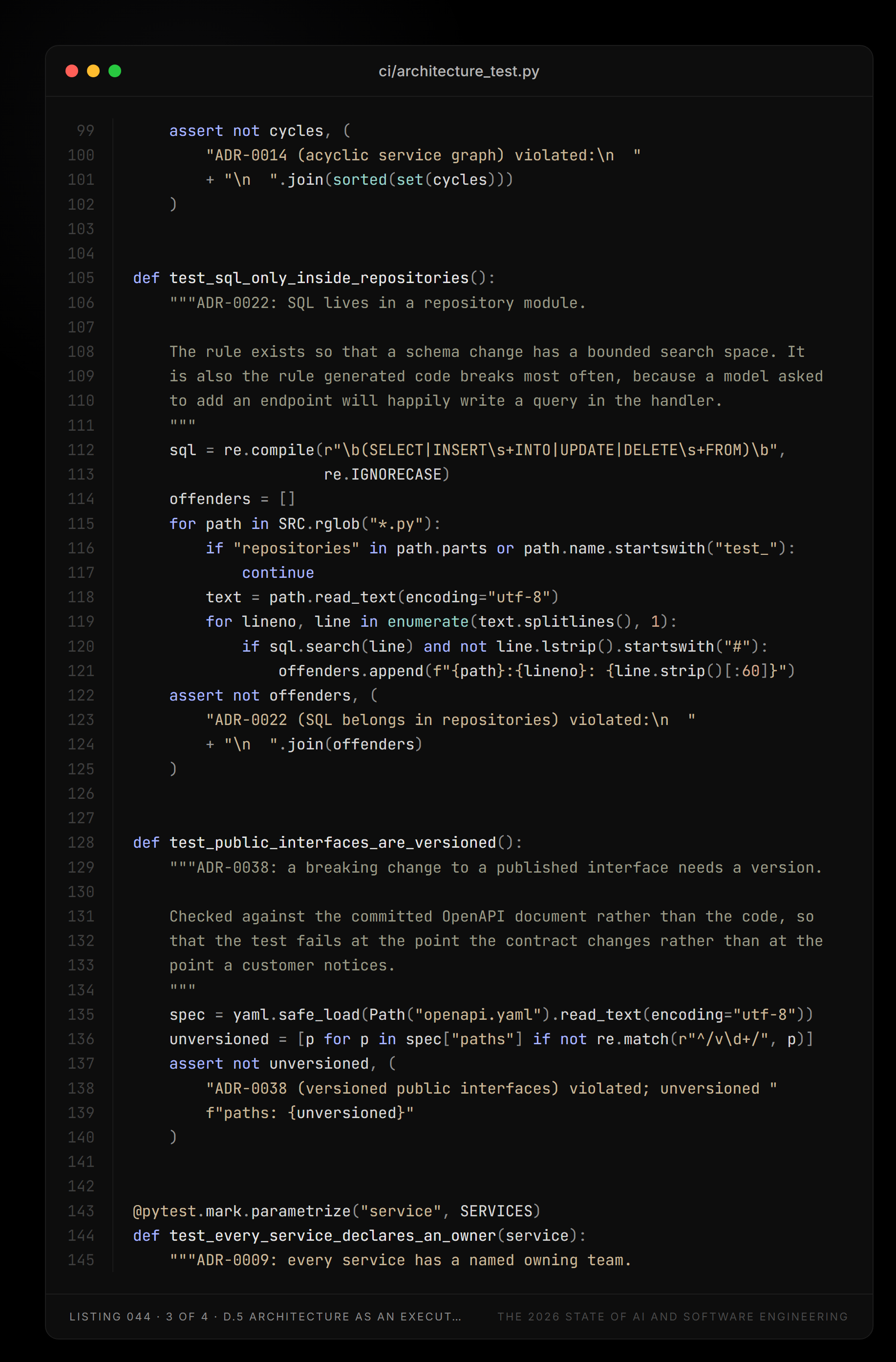 Listing 044, part 3 of 4 — ci/architecture_test.py (D.5 Architecture as an executable constraint)