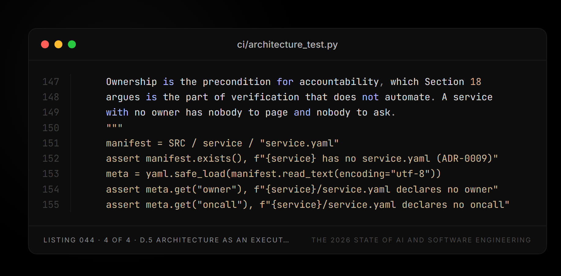 Listing 044, part 4 of 4 — ci/architecture_test.py (D.5 Architecture as an executable constraint)
