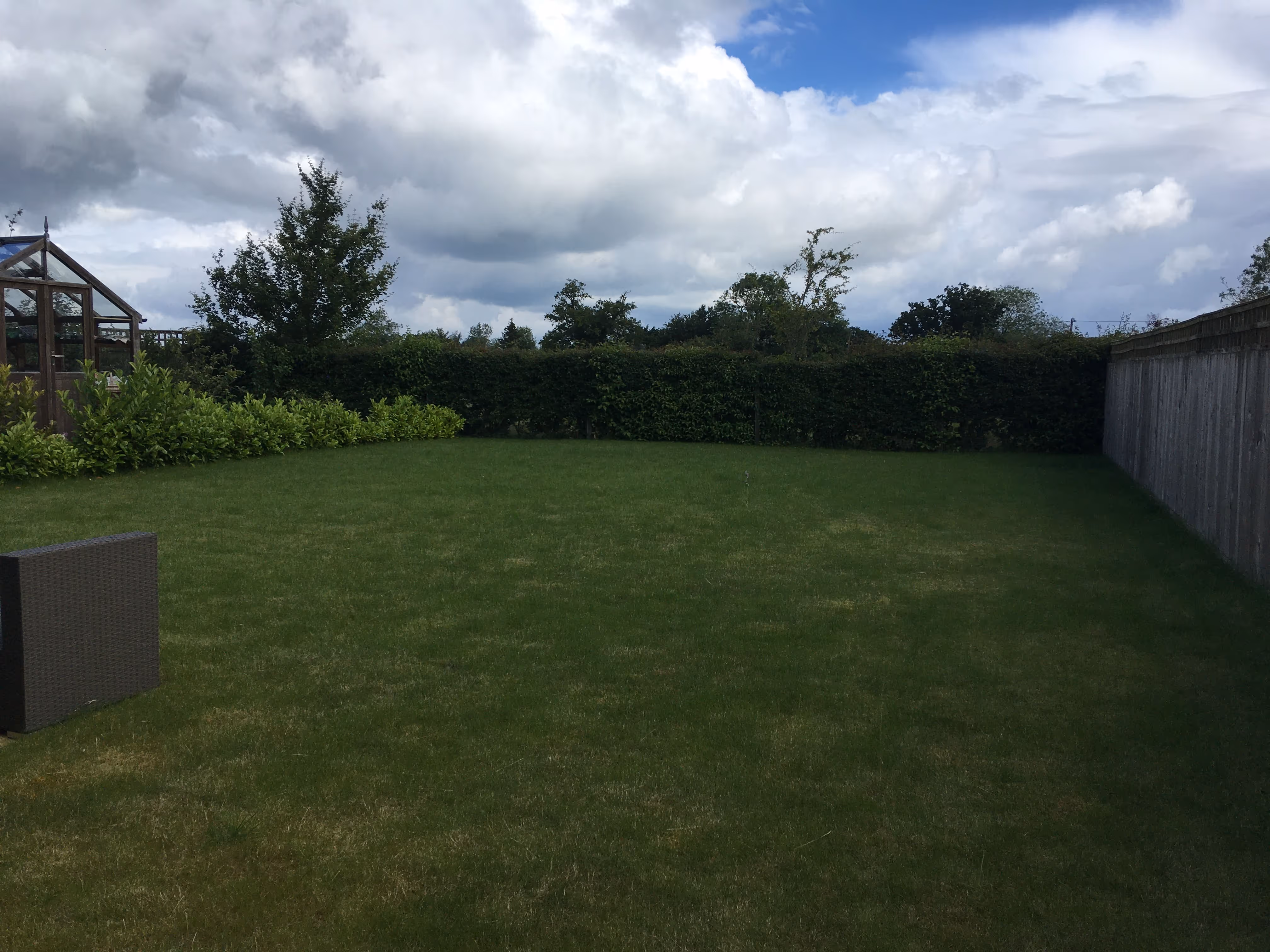 Boring back lawn on a partially cloudy day.
