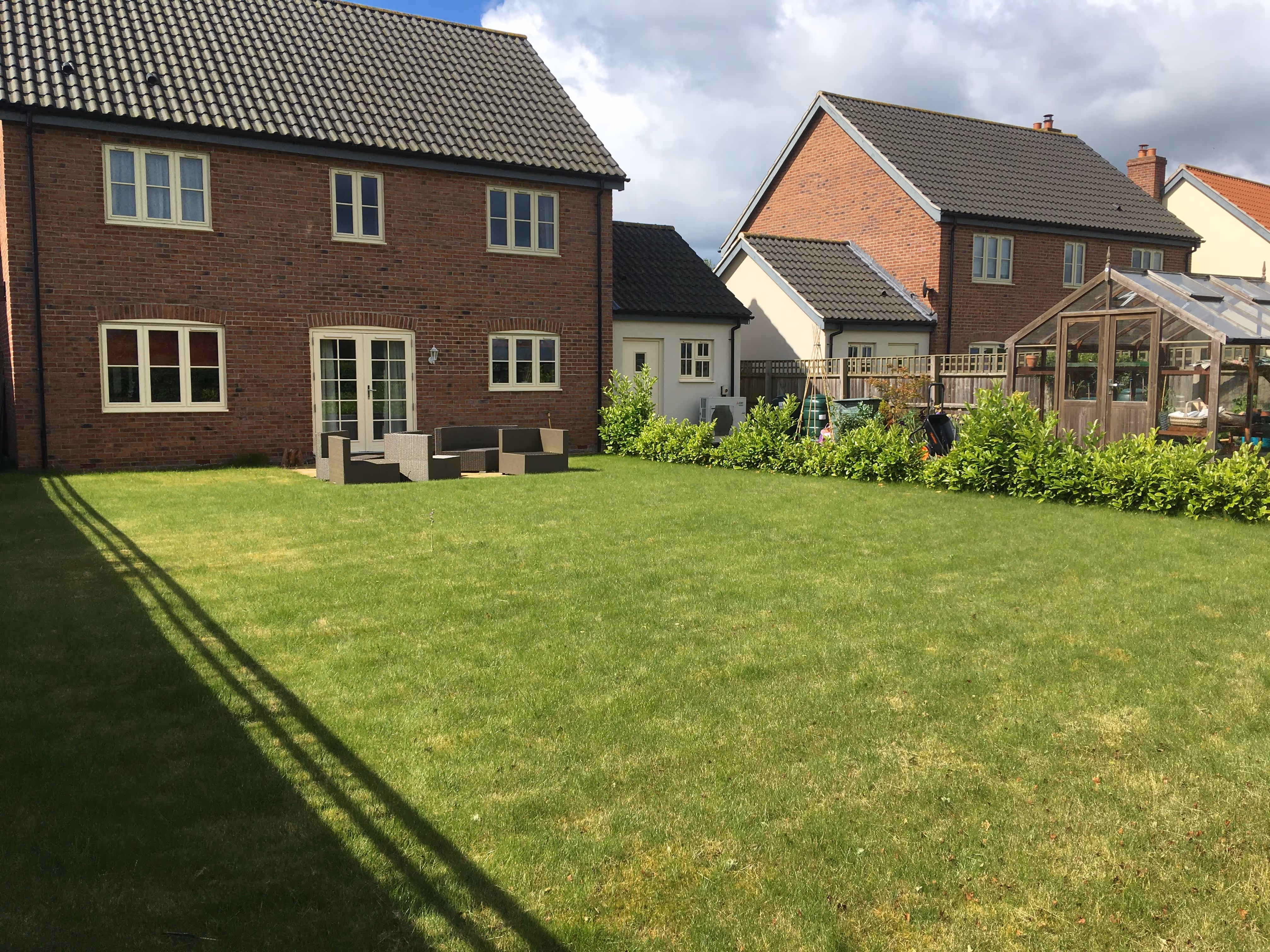 Back lawn with dying grass and small hedgerow on one side with green house on the other side of hedgerow.