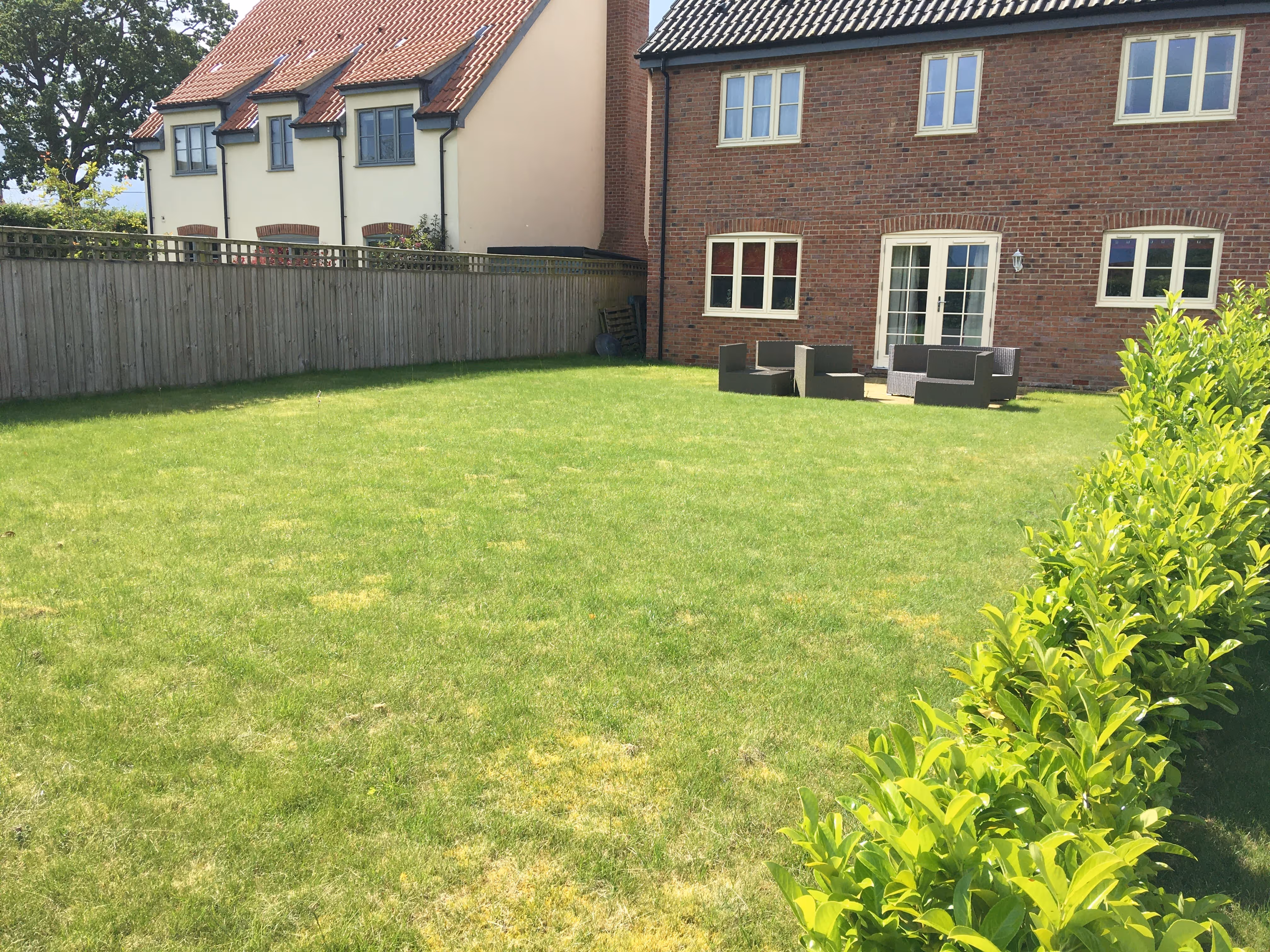 Back garden of house with plain boring lawn and unhealthy grass and a rattan furniture set sitting on an old paved area just outside the house.