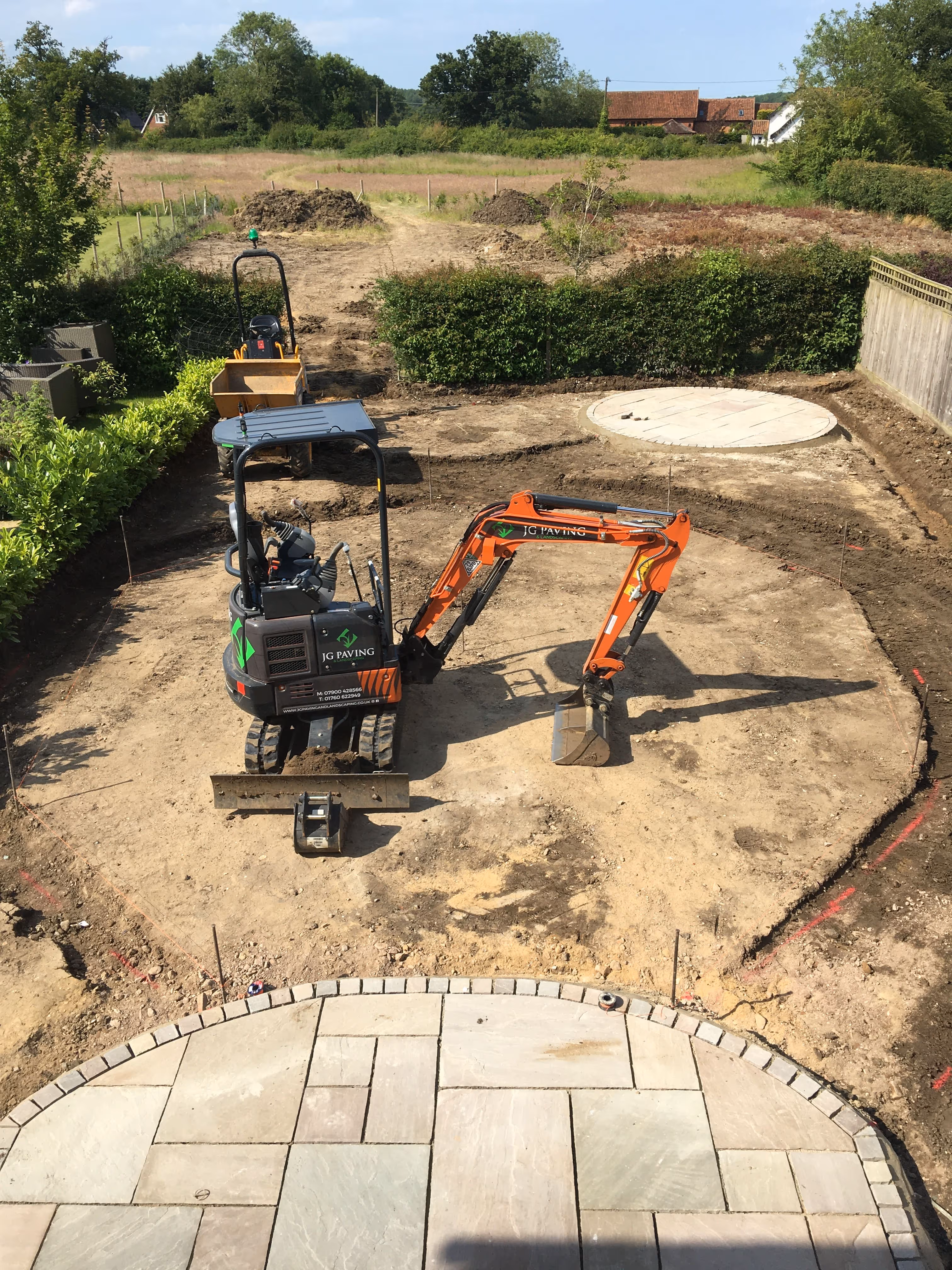 Back garden completely ripped up by digger just leaving the dry top soil underneath. the digger has also marked up where the new lawn will be and the path which will surround it.