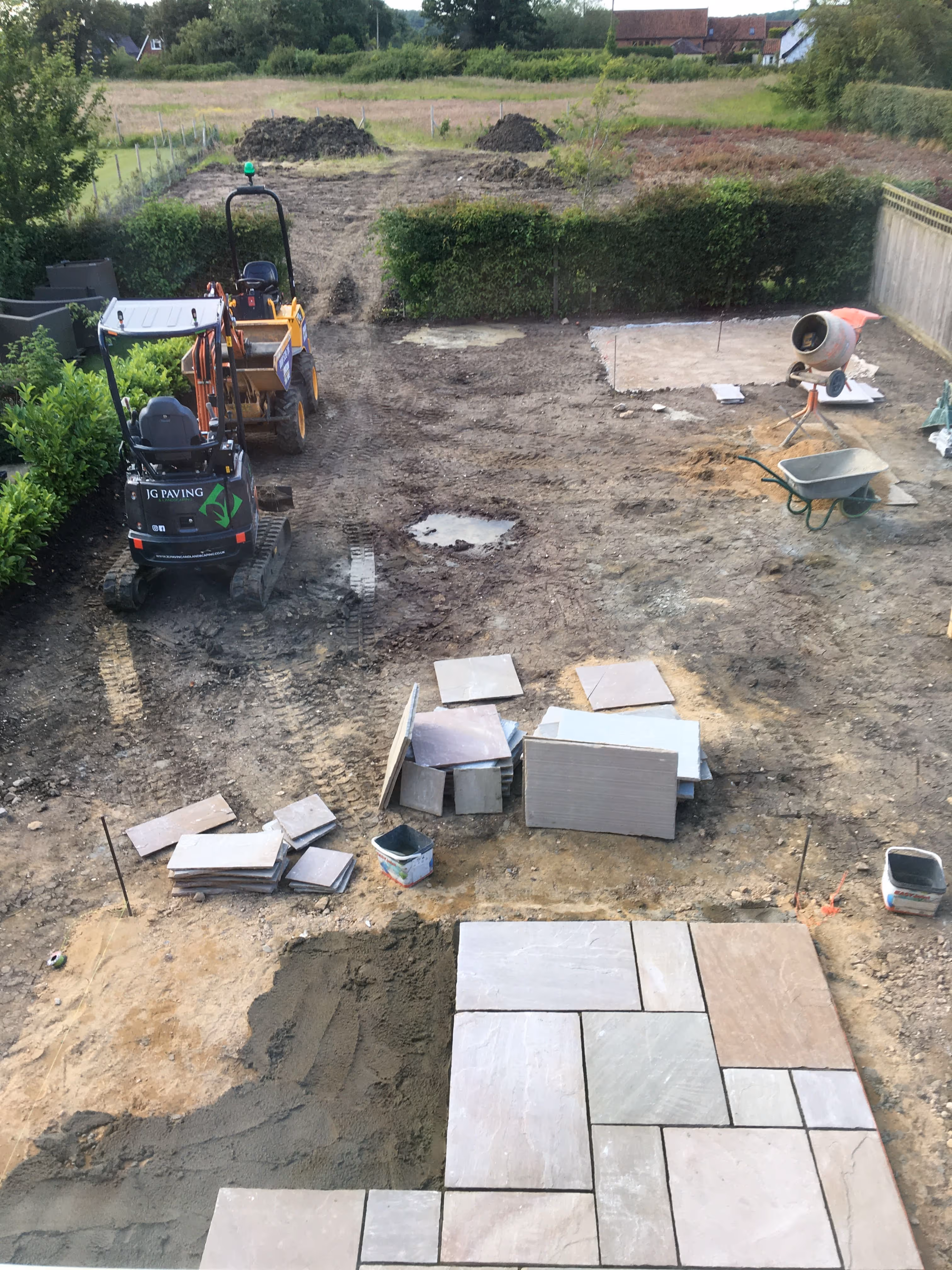 Back garden which has had lawn removed and new patio area in the process of being built.