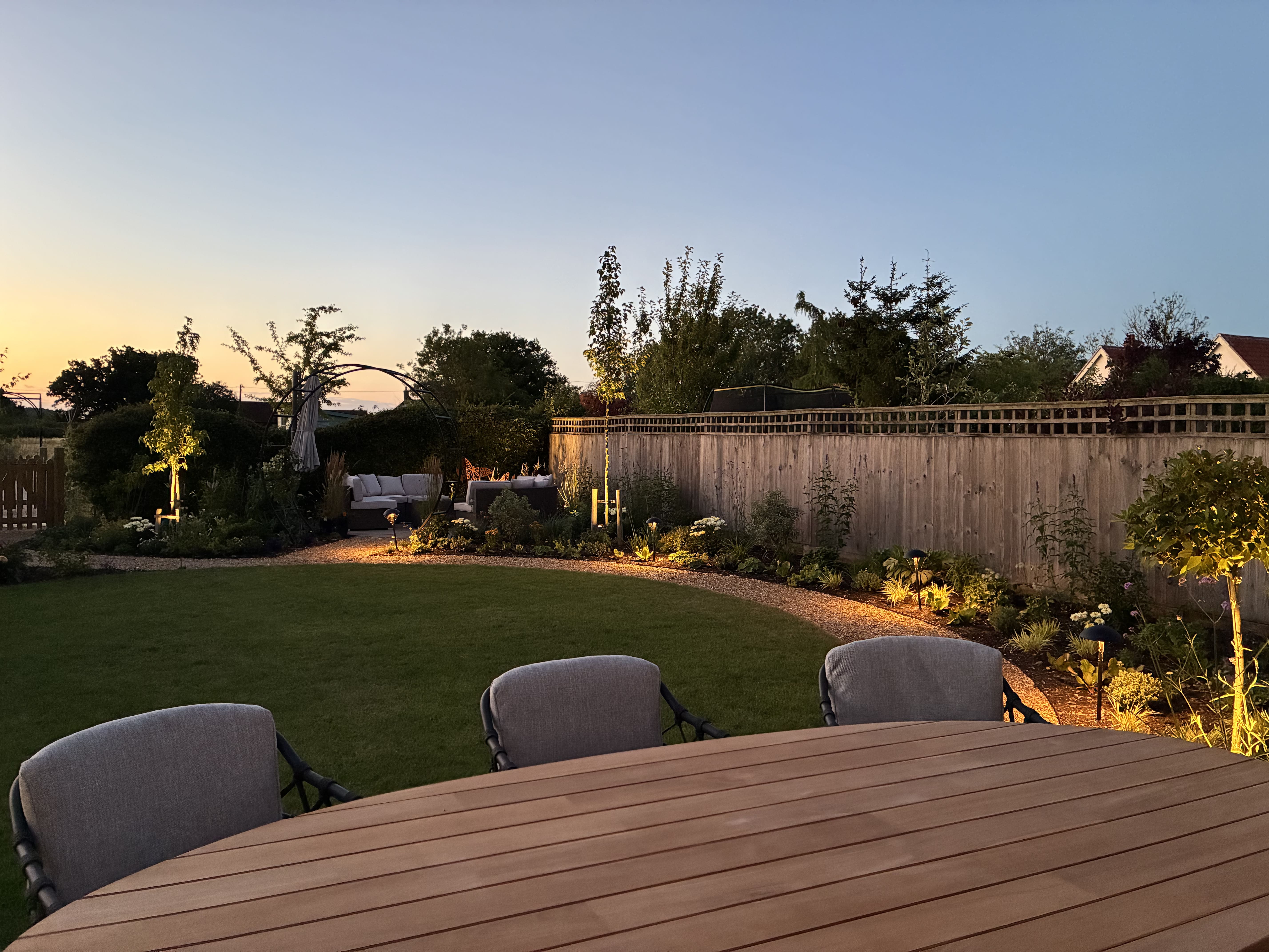 Picture taken from the perspective of sitting at the outdoor dining table viewing the rest of the garden during dusk.