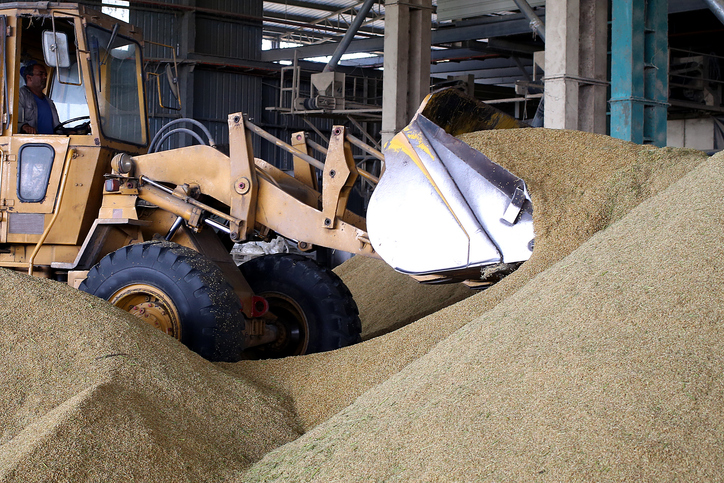 Front loader truck picking up grain