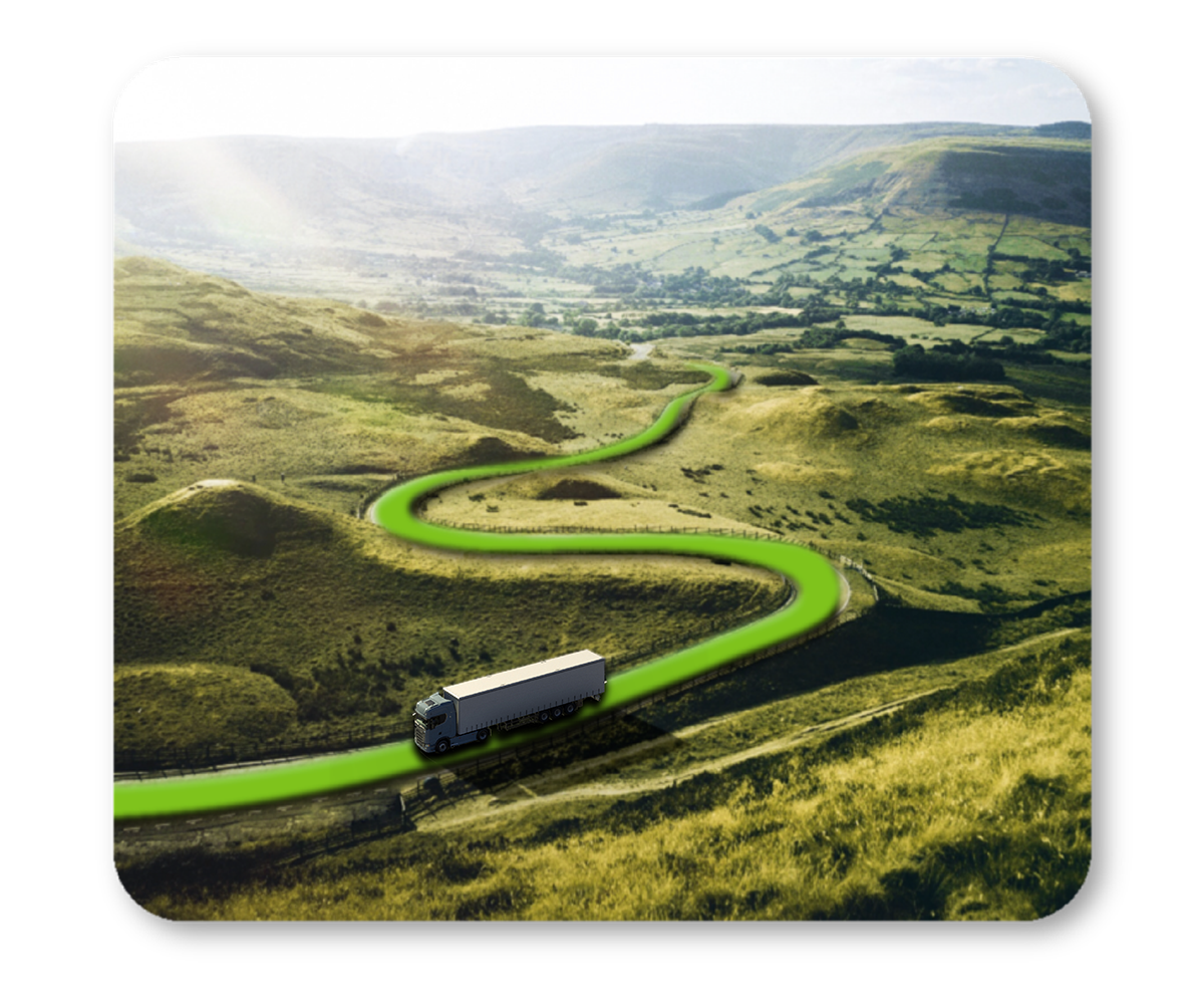 Truck driving on highway with route graphic