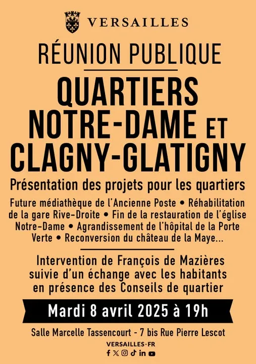 Réunion publique sur projets pour quartiers de Versailles, 8 avril 2025.