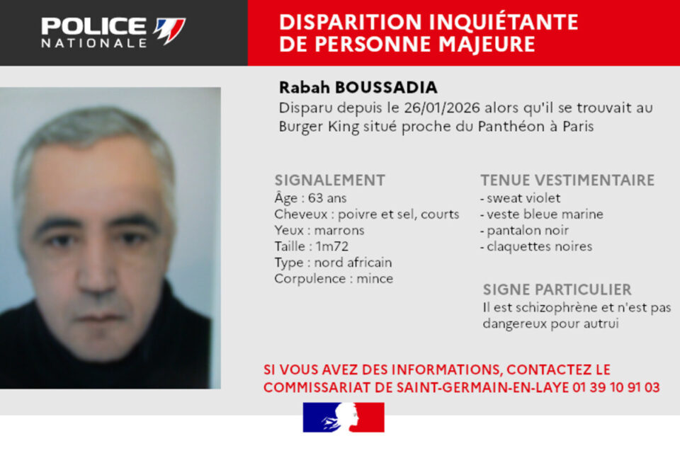  Les policiers des Yvelines sont mobilisés pour retrouver la trace de Rabah, 63 ans, disparu en début de semaine dans la capitale