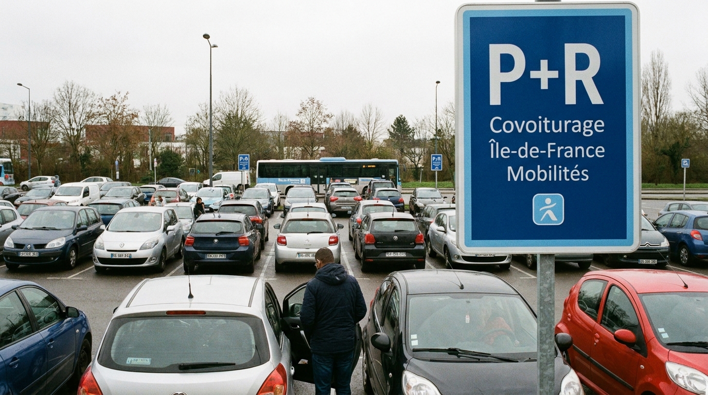 Parking P+R Covoiturage Île-de-France Mobilités dans les Yvelines, panneau signalétique bleu et voitures garées