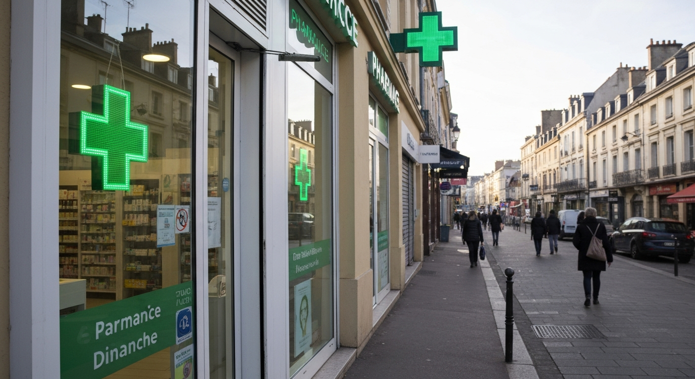 Pharmacie de garde ouverte le dimanche dans les Yvelines, vitrine avec croix verte allumée