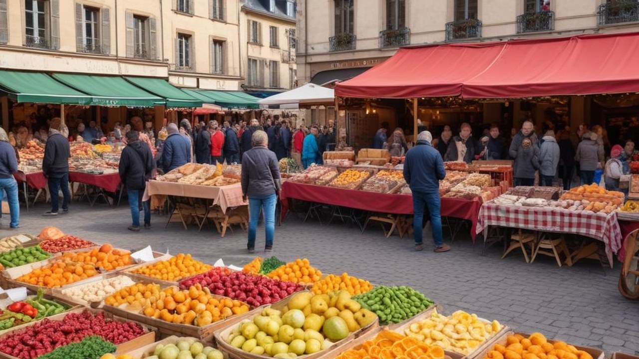 Marché européen de Saint-Germain-en-Laye, stands de produits du monde, ambiance festive en centre-ville