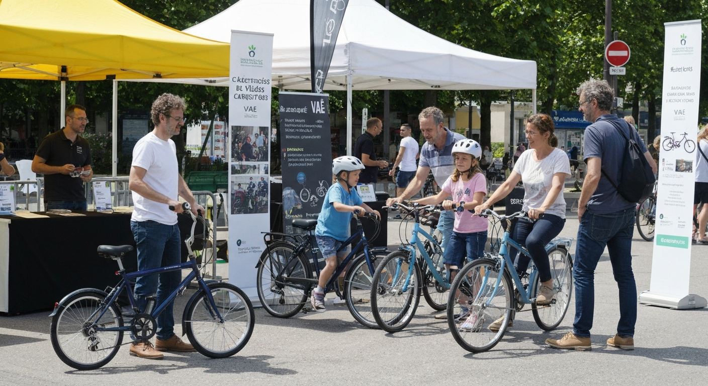 Vélos en Fête à Saint-Germain-en-Laye, parents et enfants à vélo entourés de stands d'essais