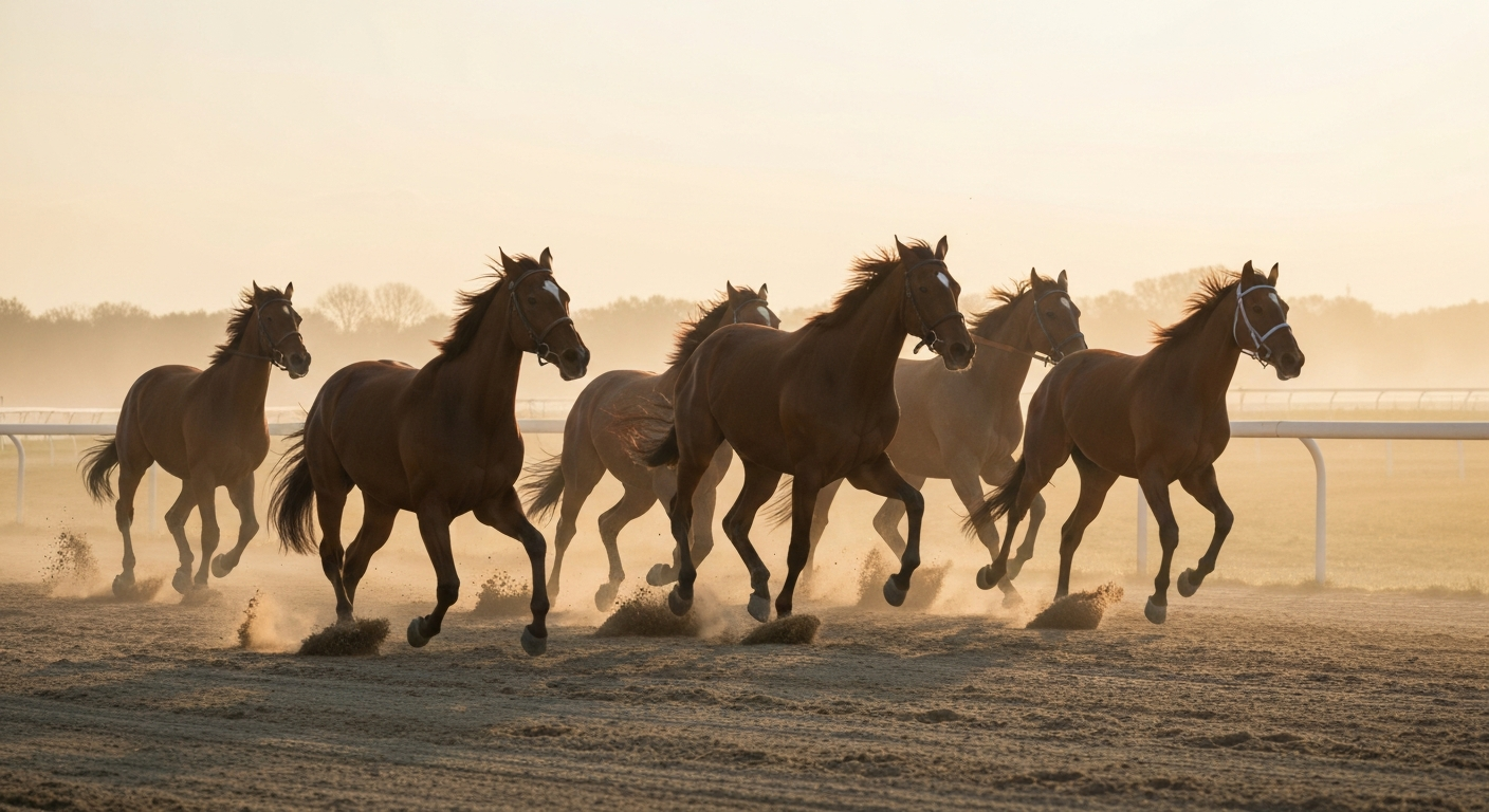 Chevaux pur-sang au galop sur la piste de l'hippodrome de Maisons-Laffitte, dans les Yvelines, au petit matin