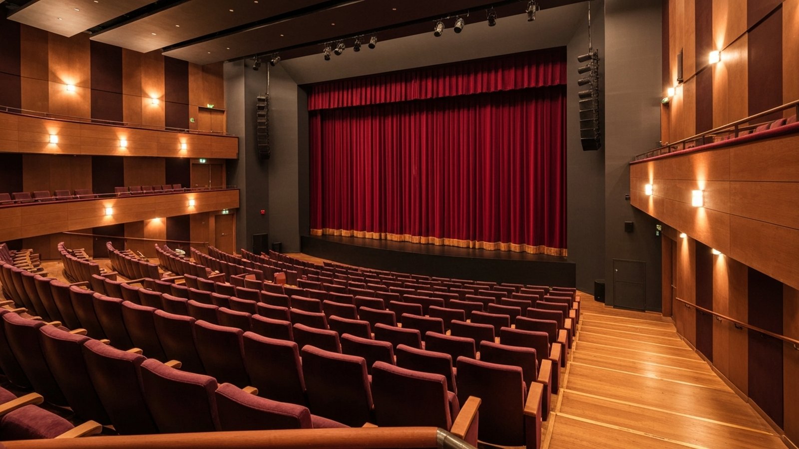 Salle de théâtre municipal vide avec rideau rouge fermé avant représentation — saison 2026-2027 du Théâtre Alexandre-Dumas à Saint-Germain-en-Laye