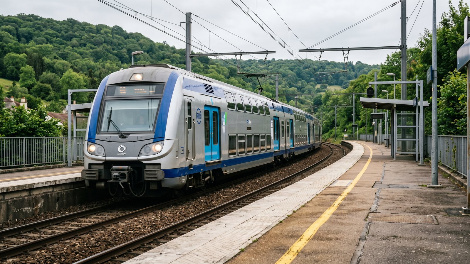 Train de banlieue moderne a deux niveaux entrant en gare dans la vallee de Chevreuse, futur RER B
