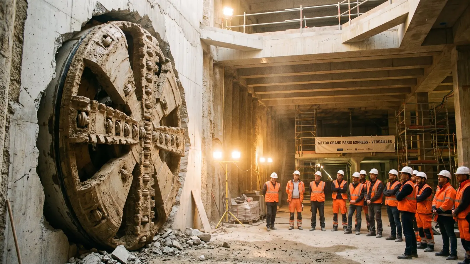 Tunnelier Awa ayant achevé sa percée dans la future gare Versailles-Chantiers, Grand Paris Express ligne 18 (illustration Infosyvelines)