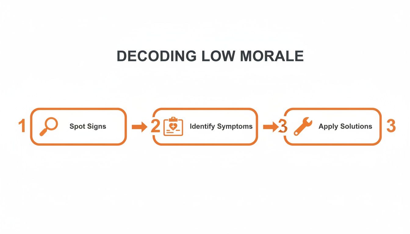 An orange infographic showing three steps to decode low morale: Spot Signs, Identify Symptoms, and Apply Solutions.