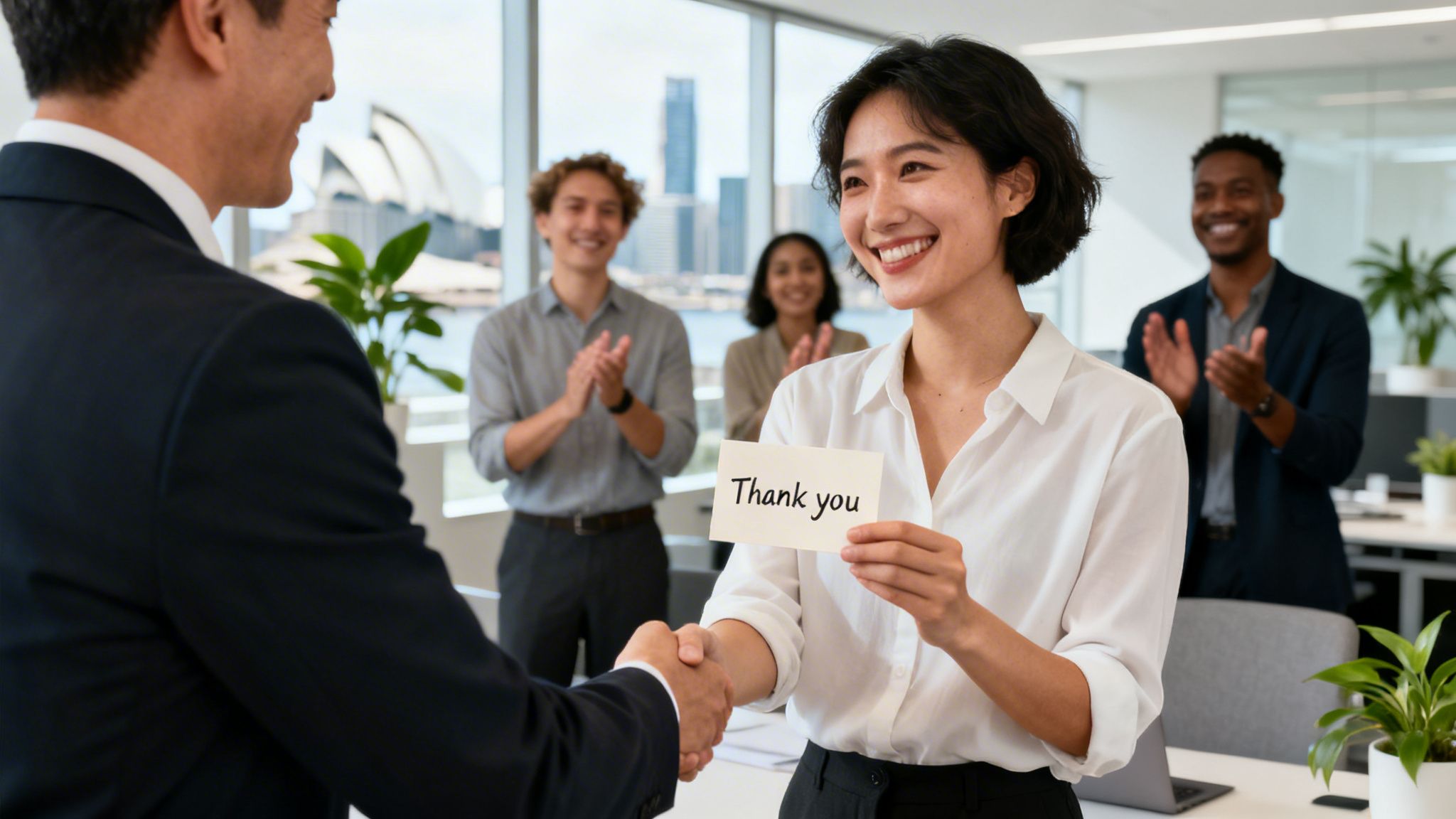 A happy employee shaking hands with a boss, holding a 'Thank you' card, as colleagues applaud.