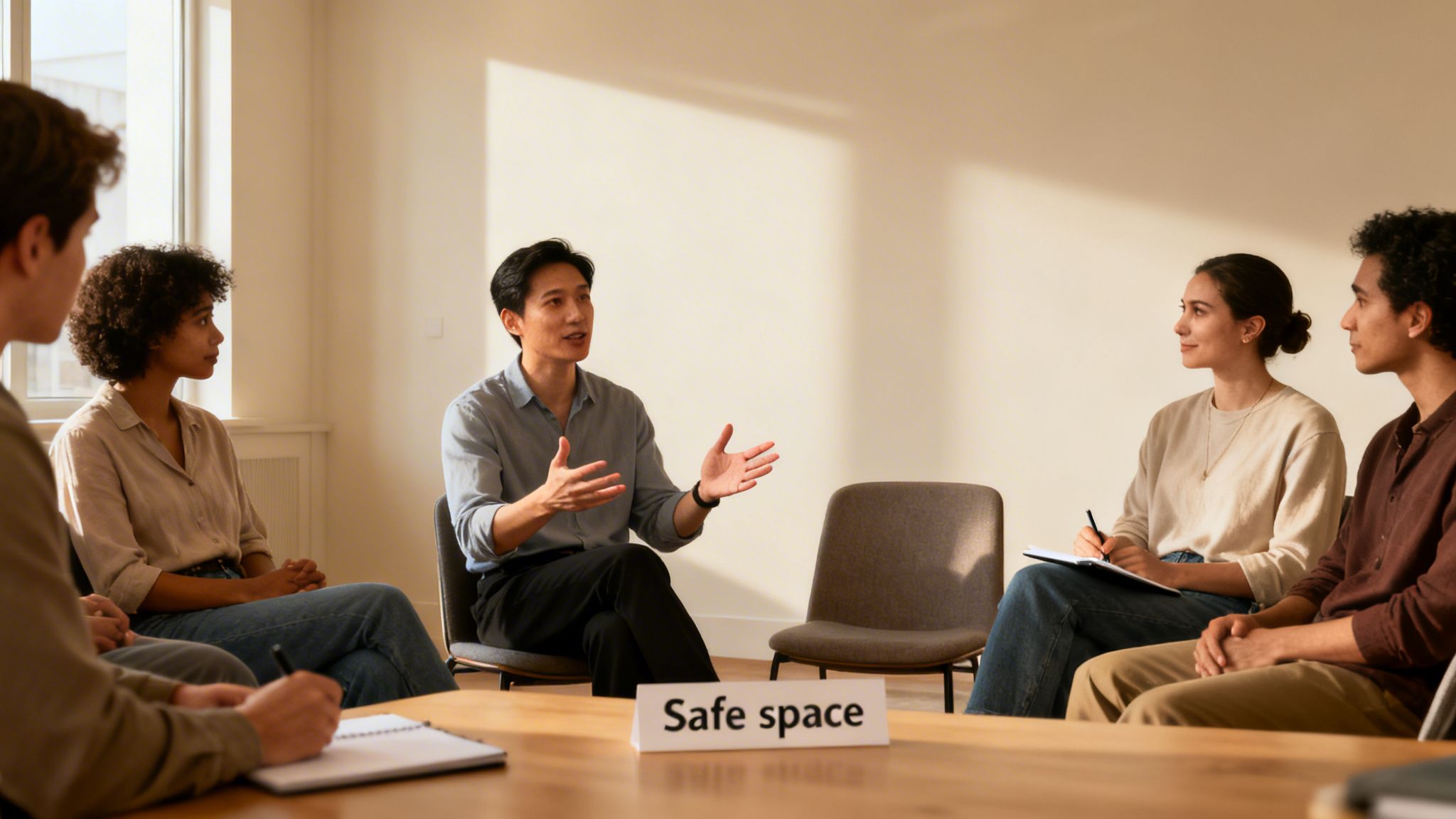 Diverse group of adults in a 'Safe space' session, an Asian man speaking and gesturing.