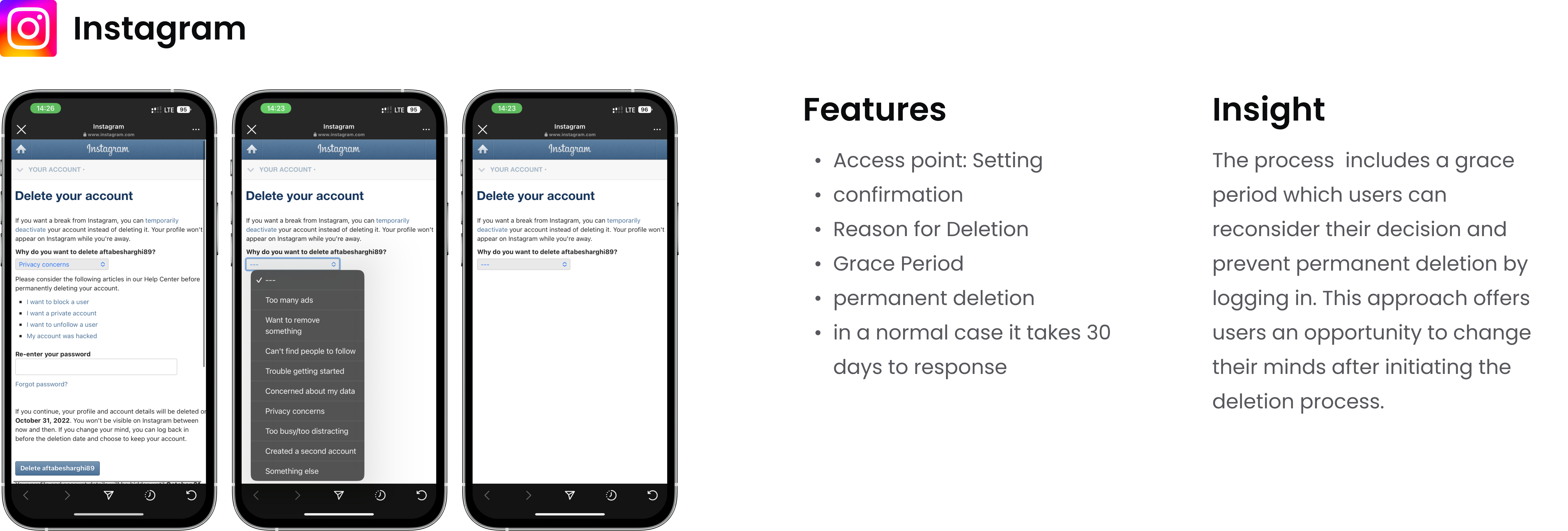 Instagram 3 main screens in delete account flow