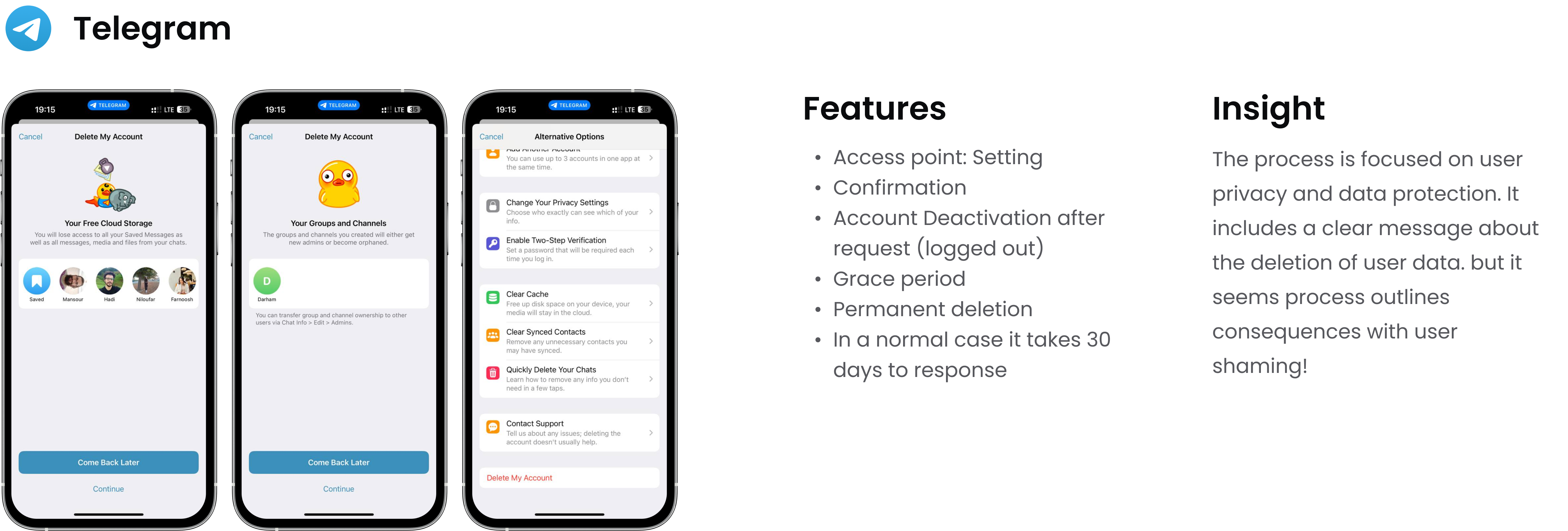 Telegram 3 main screens in delete account flow