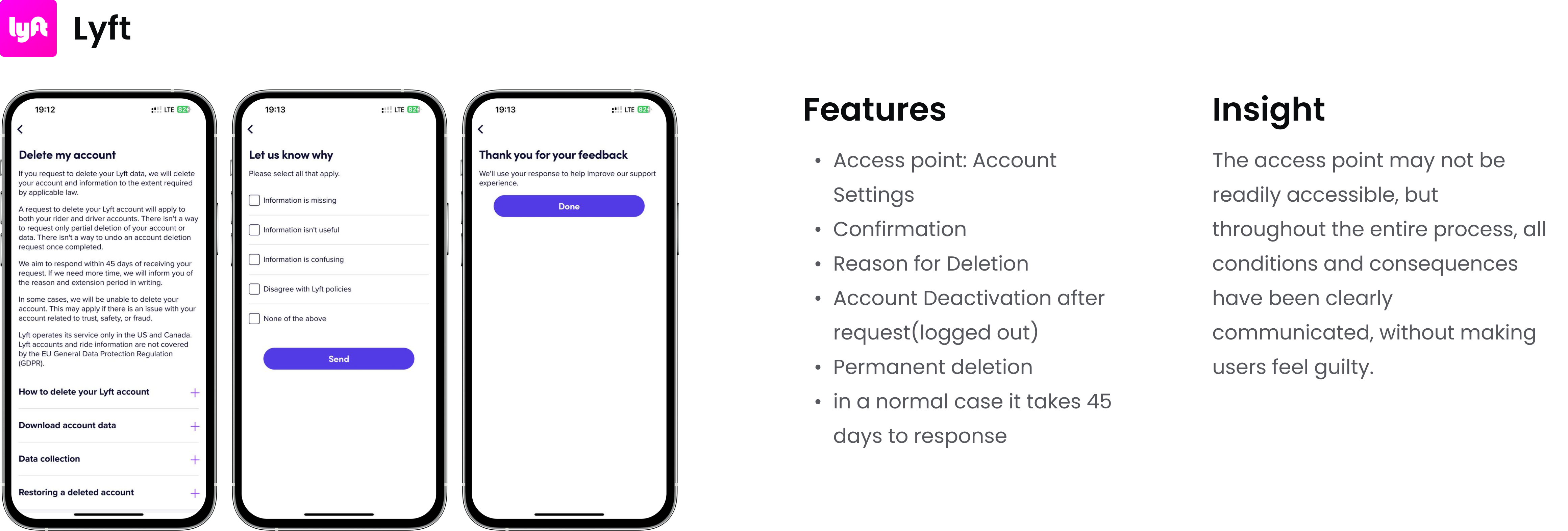 Lyft 3 main screens in delete account flow