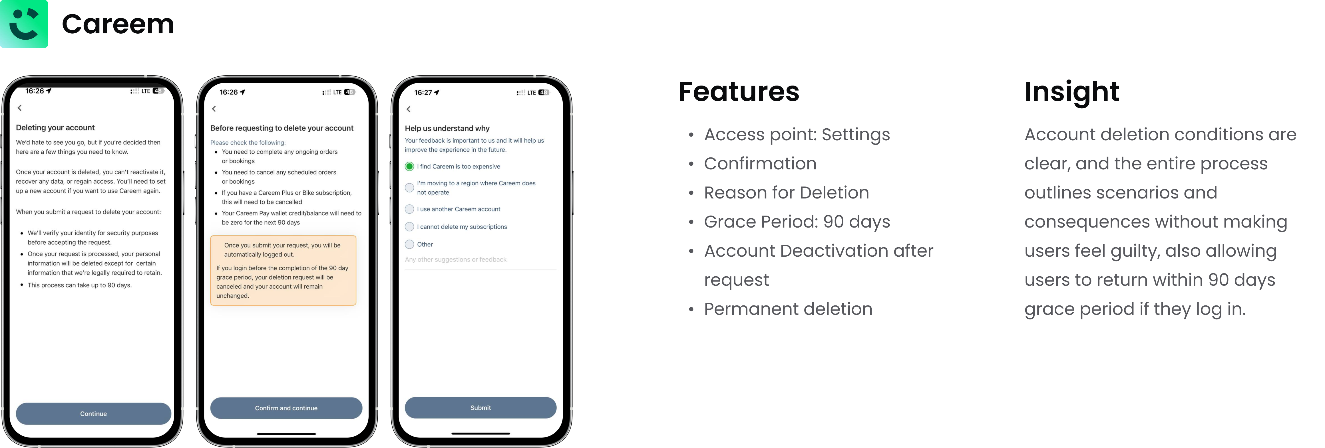 Careem 3 main screens in delete account flow