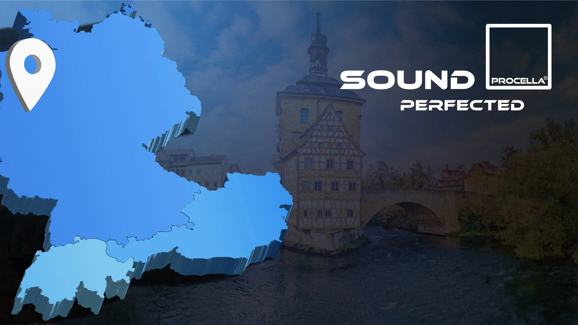 Map of the DACH region with the Procella Audio Sound Perfected logo