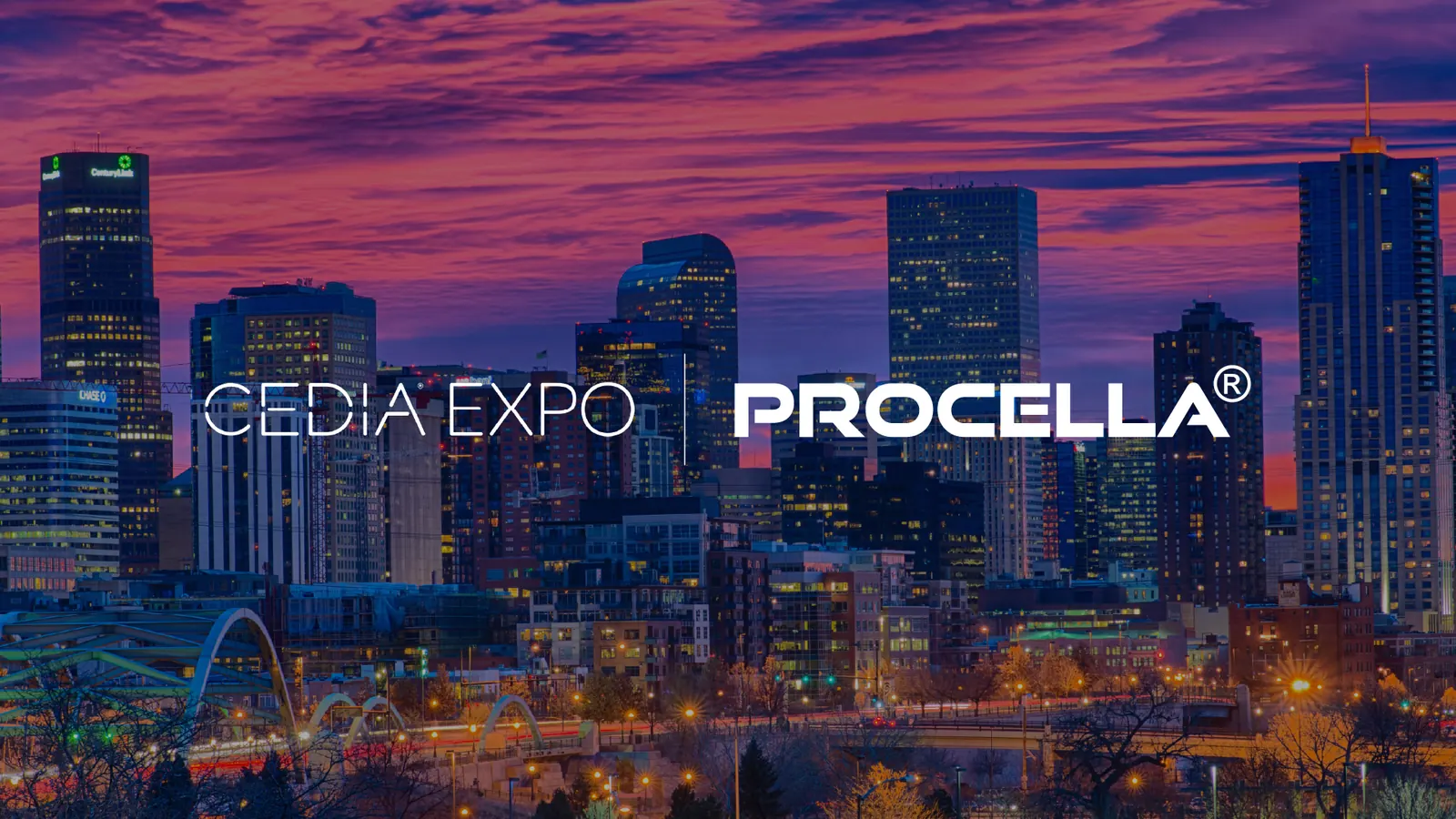 CEDIA Expo banner with the Procella Audio logo over a city skyline at dusk