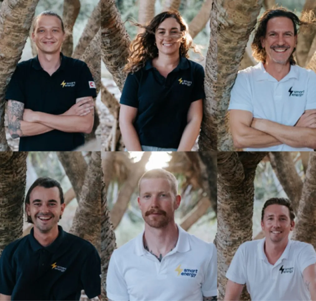 Collage of Smart Energy customer support team members in company shirts.
