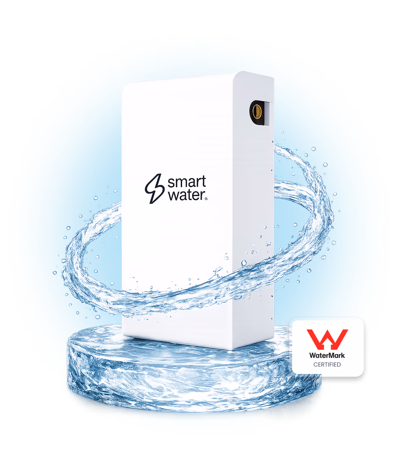 White Smart Water filter unit with a water splash ring around it on a watery platform, WaterMark certified.