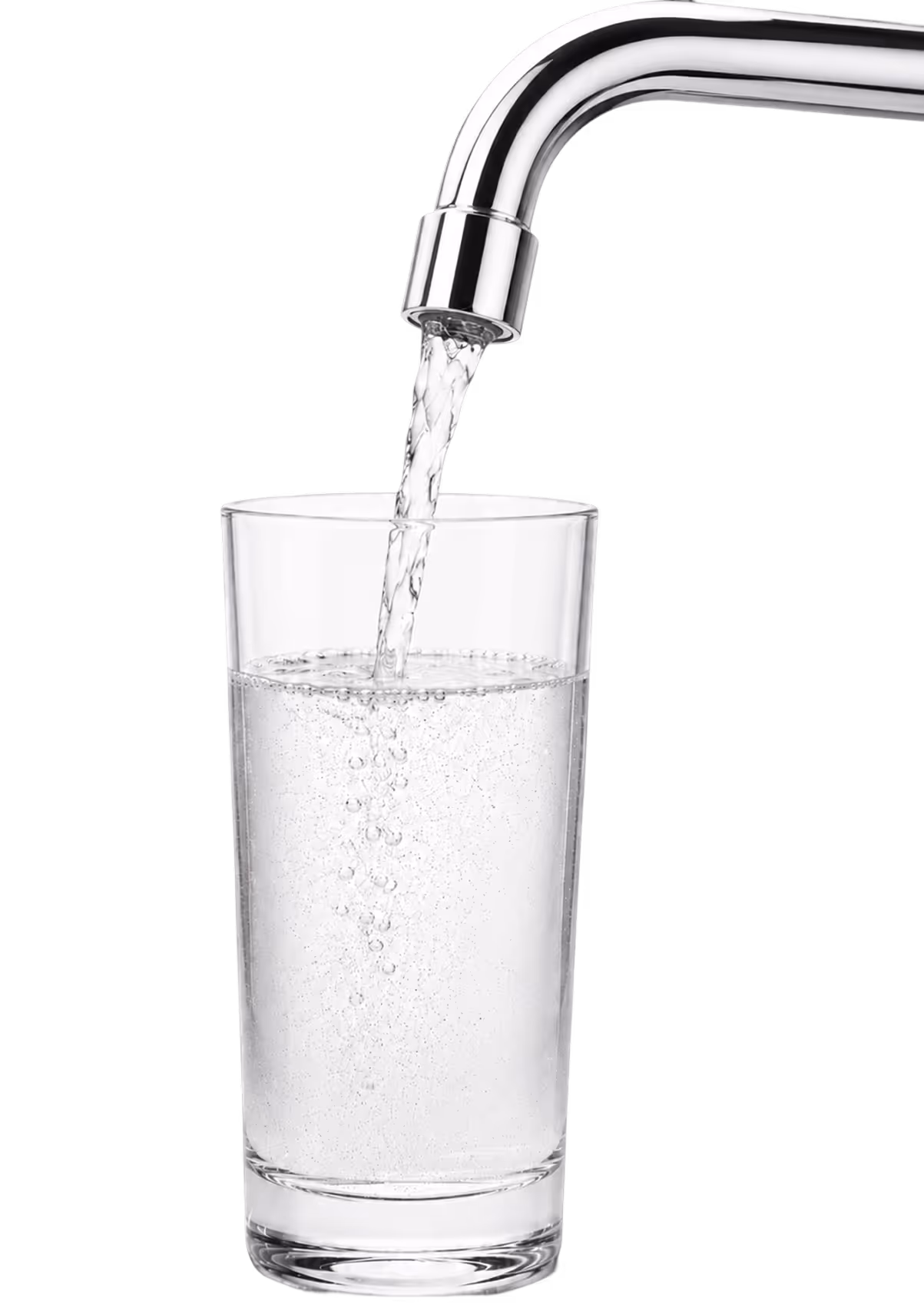Clear water flowing from a chrome faucet into a transparent glass.