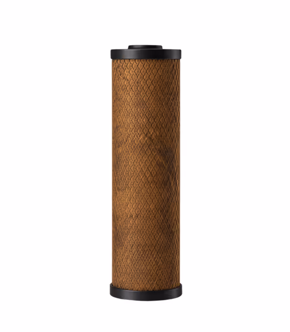 Used cylindrical dark brown water filter cartridge.
