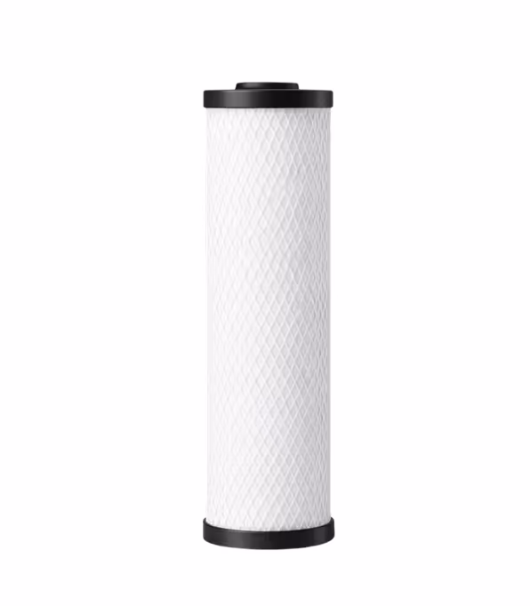 White clear cylindrical water filter cartridge.