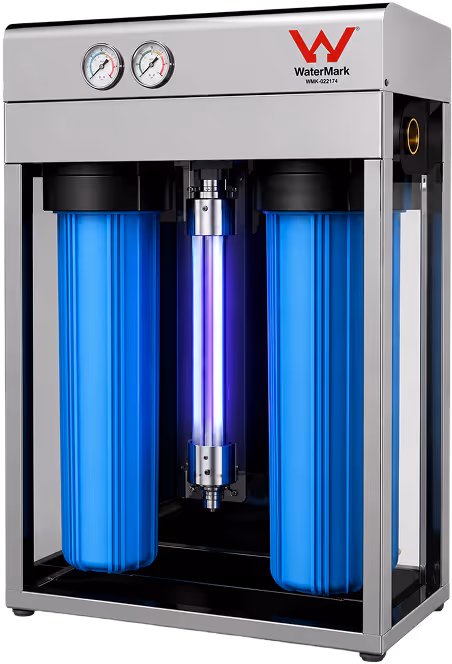 WaterMark branded water filtration unit with two blue filters and a central UV light tube.
