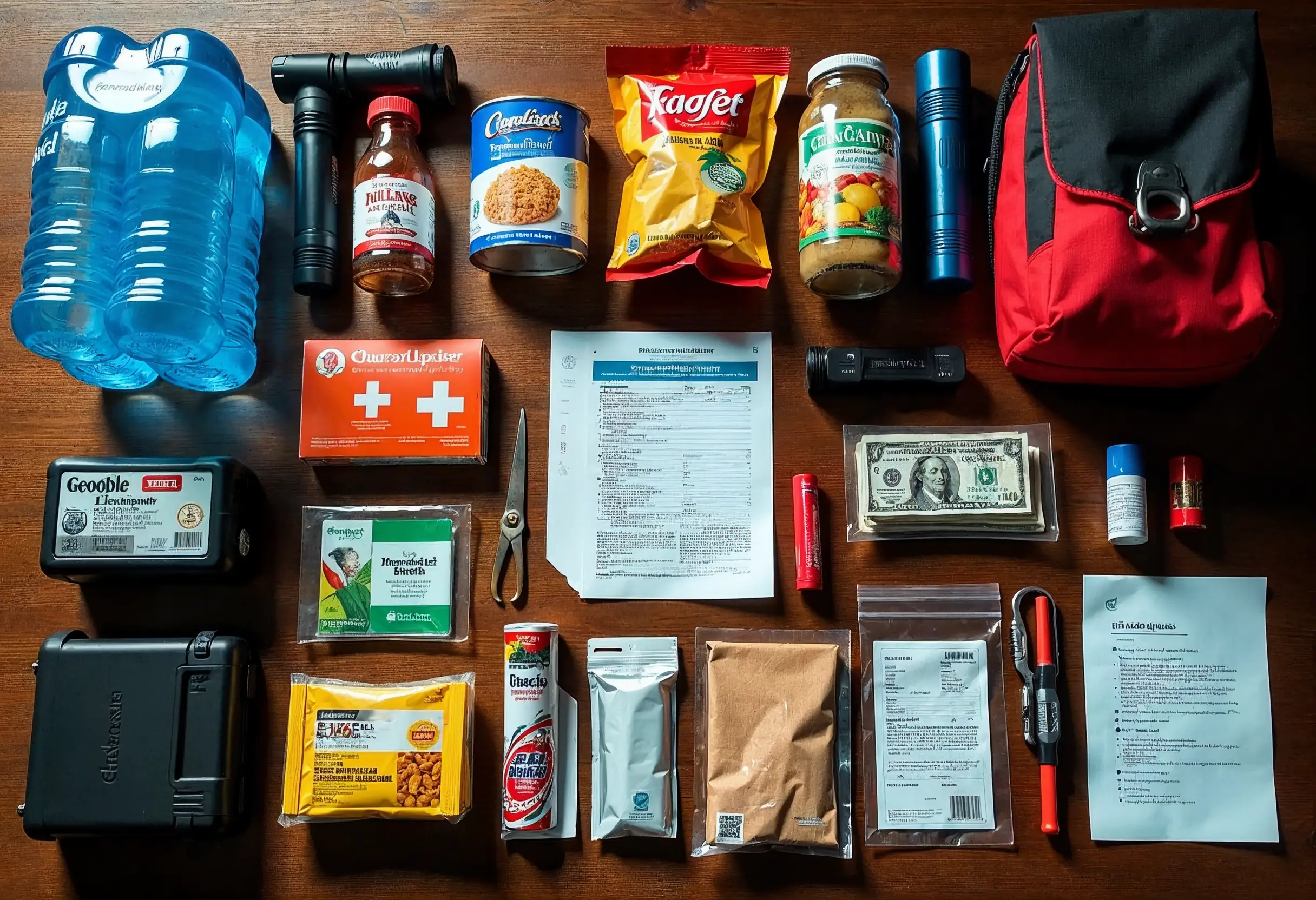 Essential items for a 72-hour emergency kit laid out neatly for home preparedness.