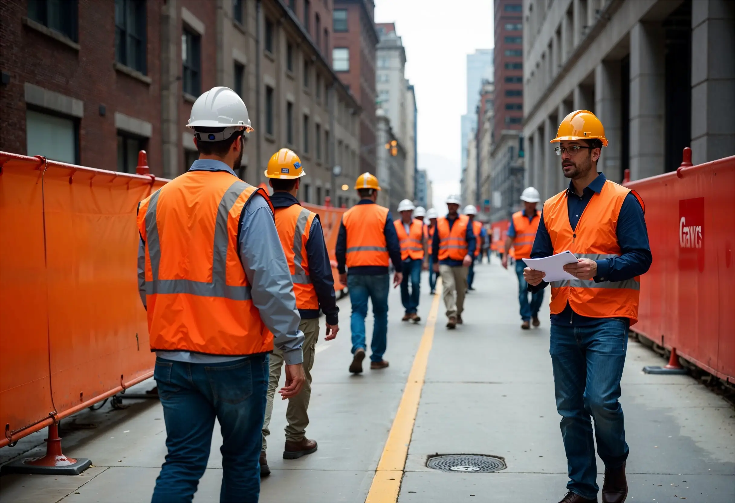 Construction workers in PPE evacuating a site during a scheduled emergency drill with clear signage and assembly protocols.