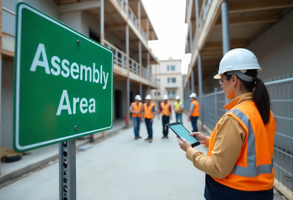 Construction workers assembled at a designated muster point during an emergency drill.