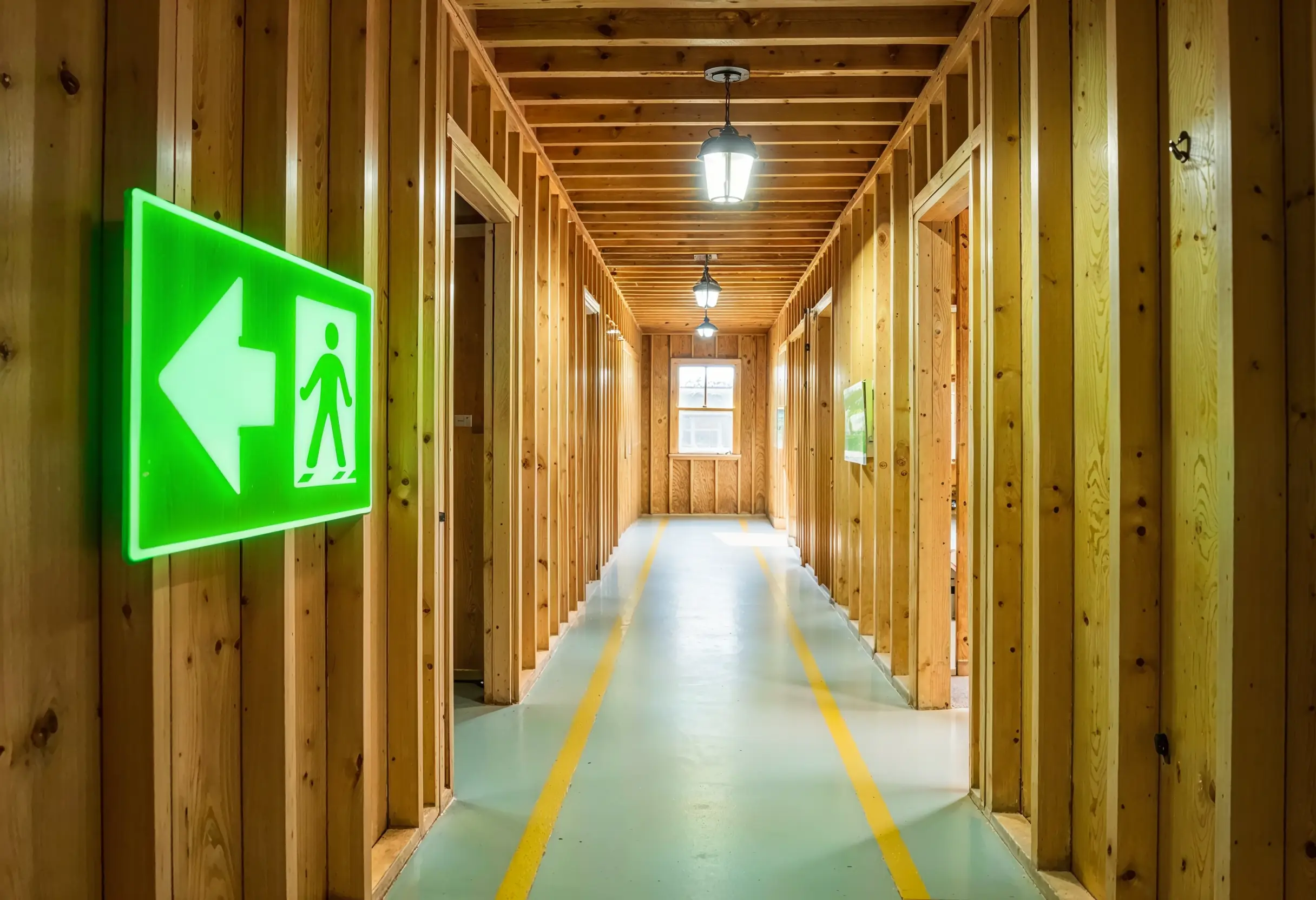 Emergency exit signs with arrows on interior framing during a construction project.