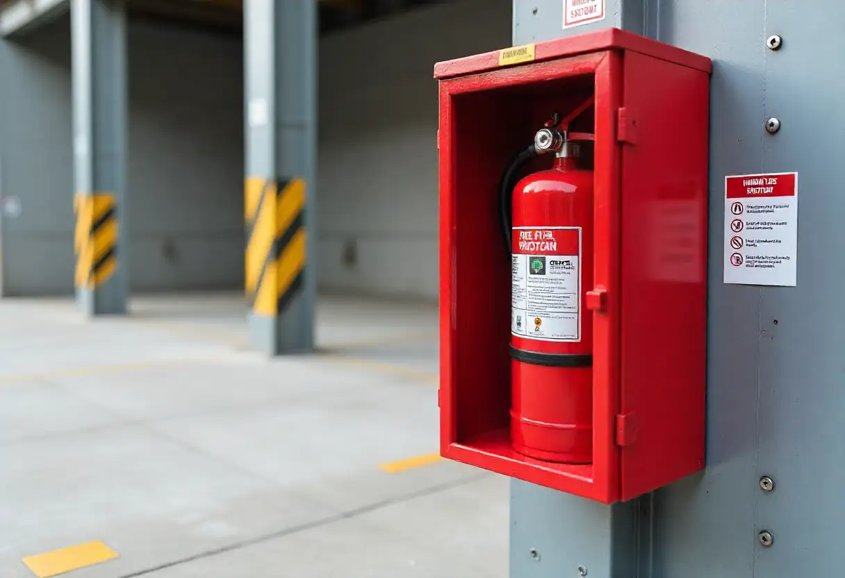 Red fire extinguisher mounted on-site with emergency signage and safety protocol instructions.