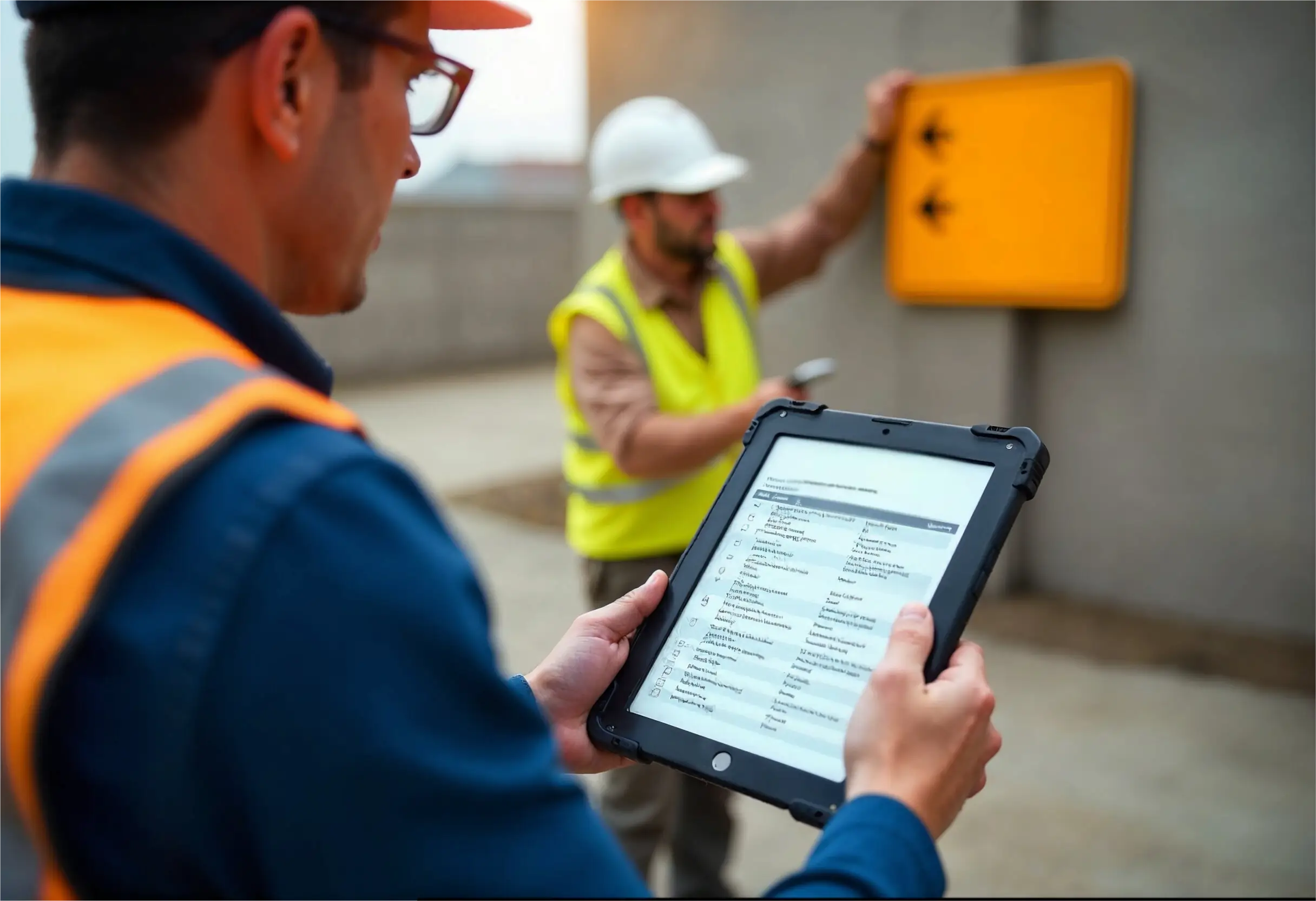 Supervisor reviewing updated emergency action plan on tablet at construction site.