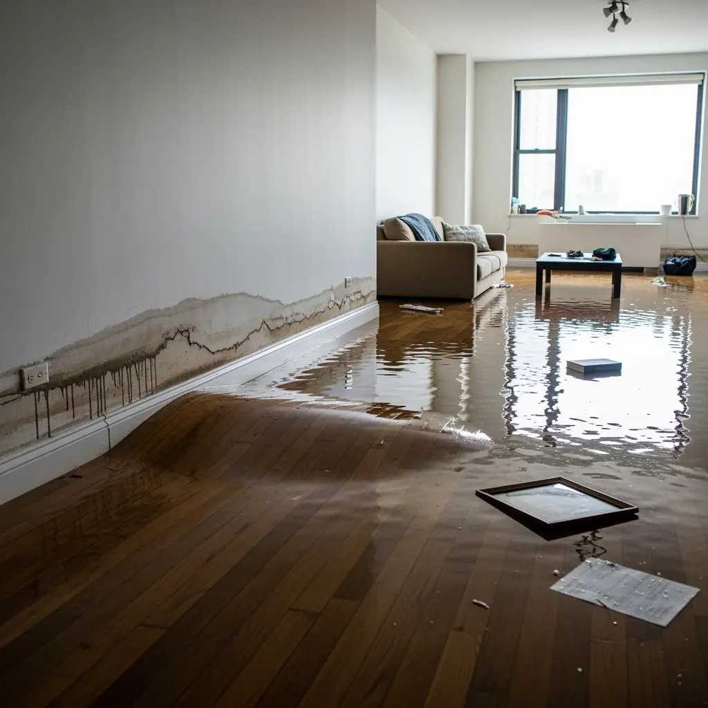Flooded New York apartment living room with water damage