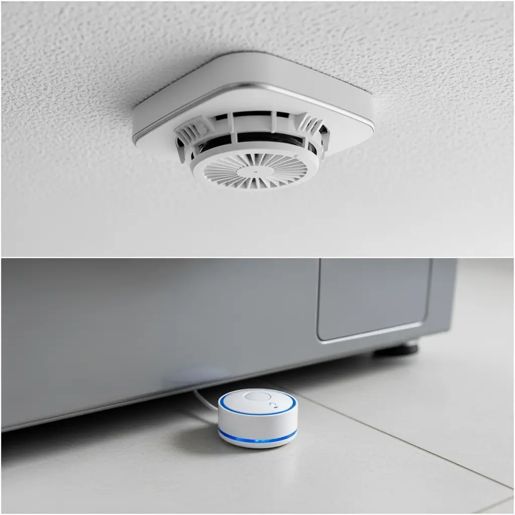 Smoke detector on ceiling and water sensor under washer
