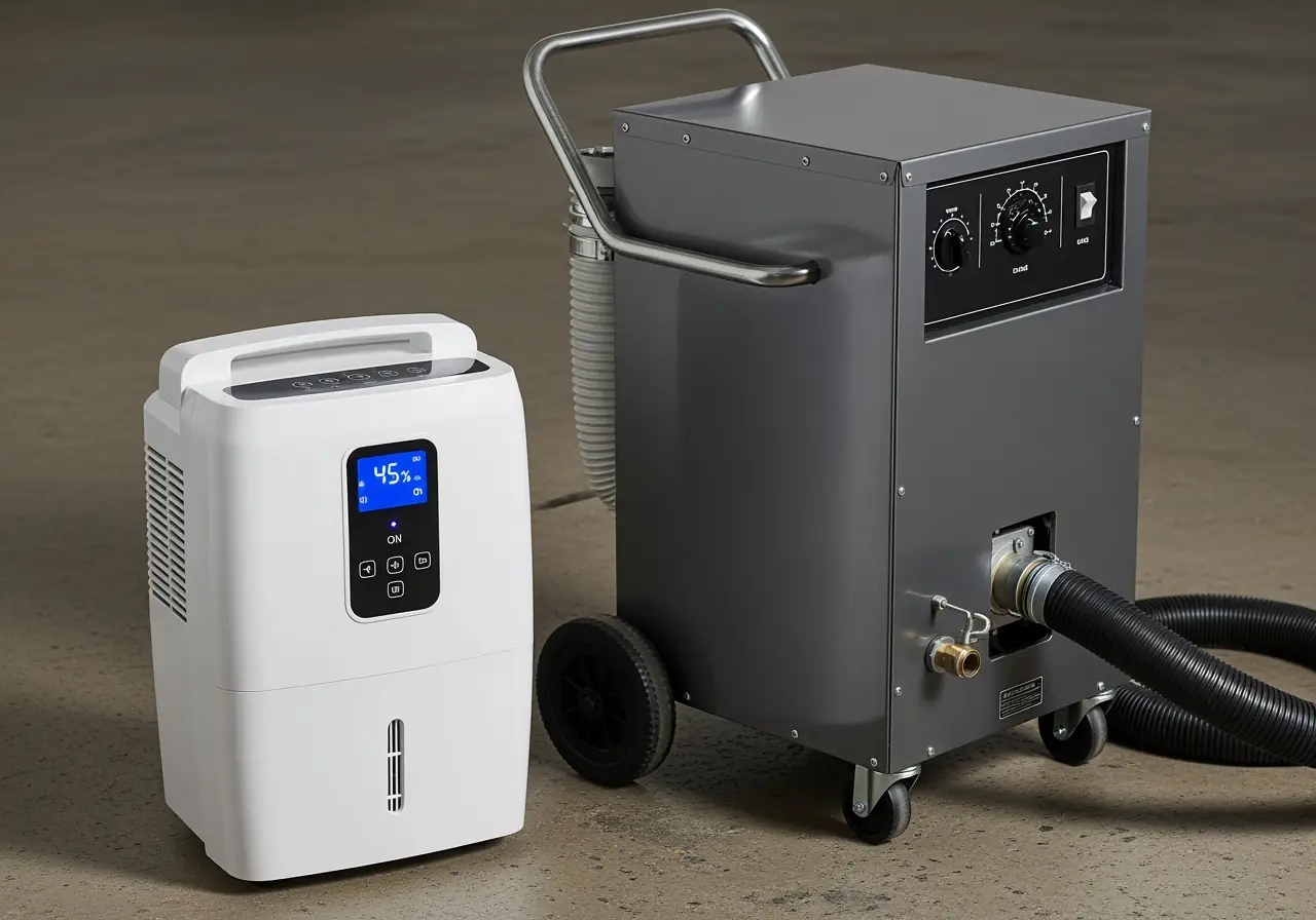 Residential and commercial dehumidifiers placed side by side showing size and build differences.