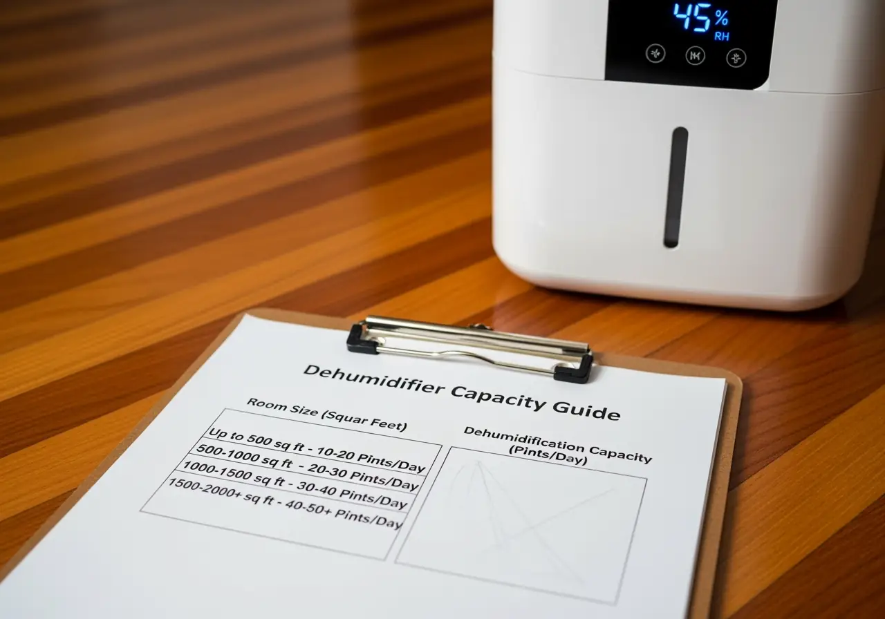 Chart showing recommended dehumidifier sizes by room square footage and moisture conditions.