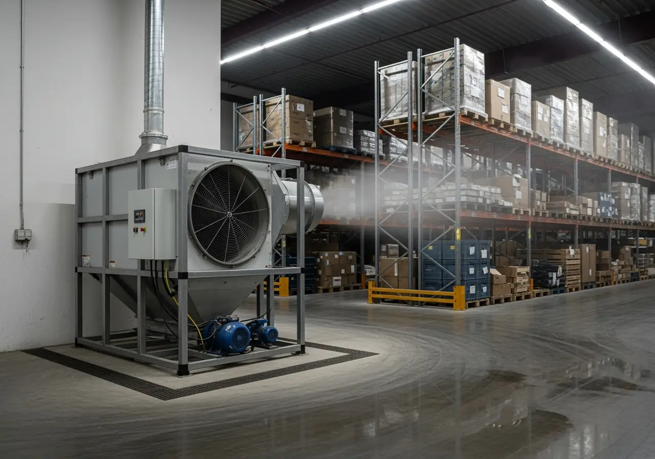 Commercial dehumidifier in a warehouse setting handling humidity.