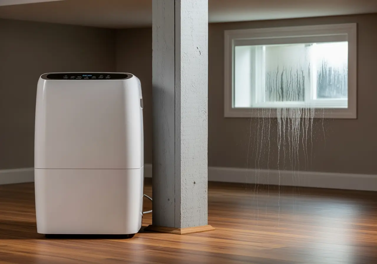 Small residential dehumidifier in a basement removing moisture.