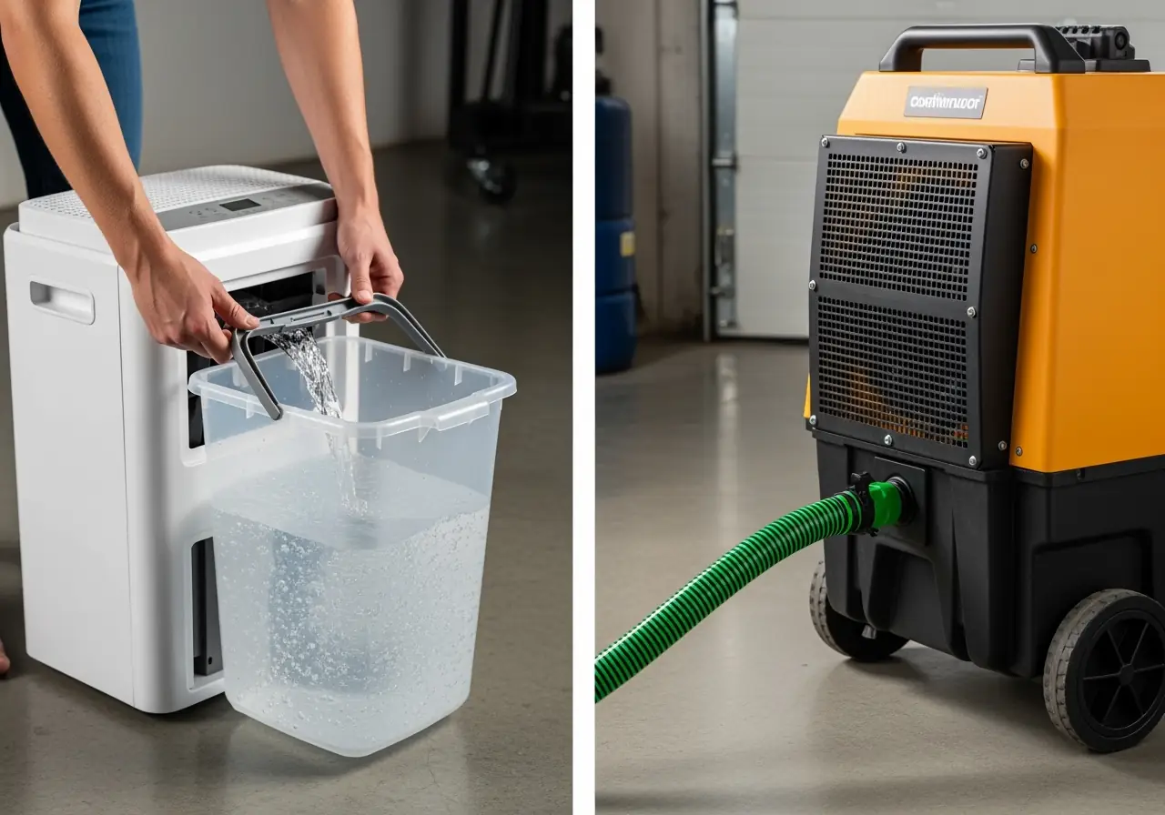 Comparison between water tank and hose drainage in dehumidifiers.