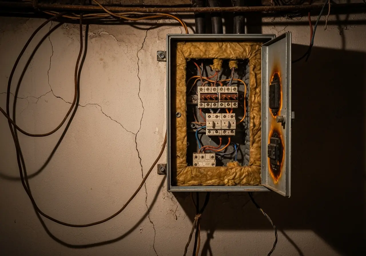 Old electrical panel with corroded wires and scorch marks in a pre-war NYC apartment basement.