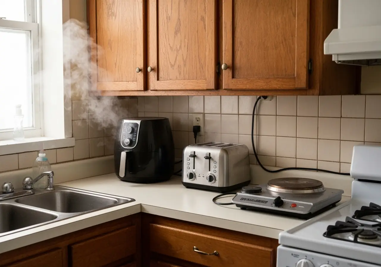 Small NYC pre-war kitchen crowded with heat-producing appliances on one counter.